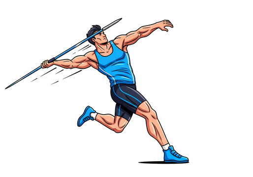 Comic style illustration of an athletic javelin thrower in action.