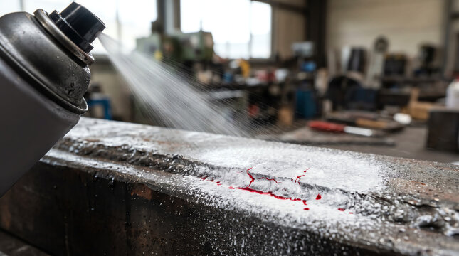 Aerosol developer spraying onto a dye penetrant test surface to reveal indications
