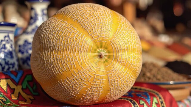 Closeup of a ripe cantaloupe melon on a colorful market stall.