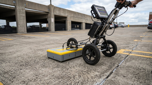 Cart-mounted ground penetrating radar surveying a parking deck for rebar mapping