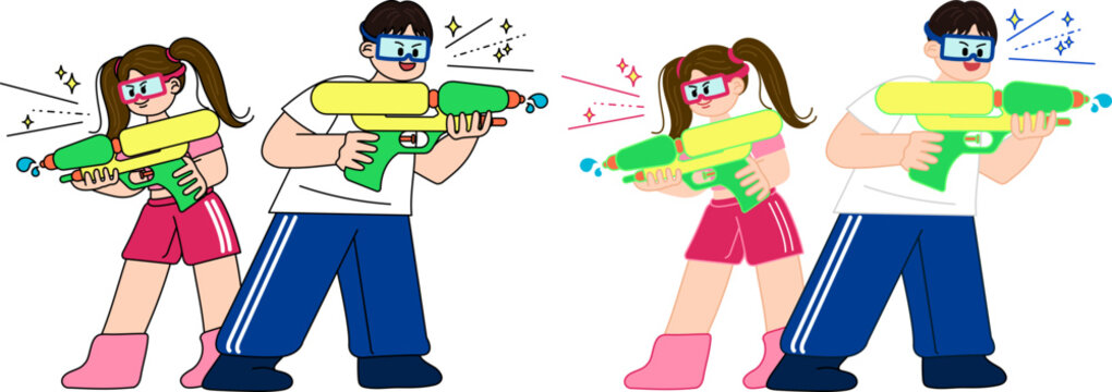 Asian kids playing with water guns summer activity set, flat and outline style vector