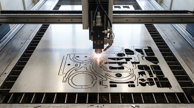 Fiber laser cutter following a programmed pattern through stainless sheet metal