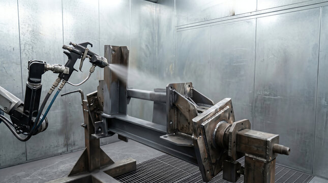 Electrostatic spray gun painting a steel weldment in a downdraft paint booth
