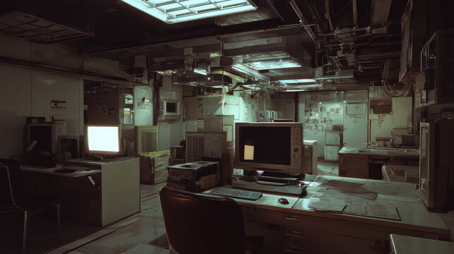 Dusty, derelict office space featuring outdated computer equipment, desks, and exposed ductwork, creating a scene of technological obsolescence and decay