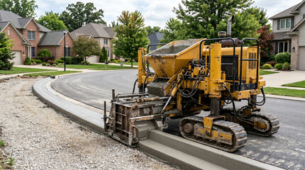 Obraz premium Slipform curb and gutter machine extruding a fresh concrete profile on a residential street