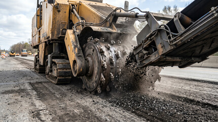 Fototapeta premium Milling drum lifting hot asphalt chips from a roadway during a resurfacing pass