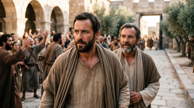 Apostle Paul and Barnabas leaving town after confrontation. Biblical scene from Acts 14 showing men walking away from hostile crowd in ancient city. Religious historical reenactment.
