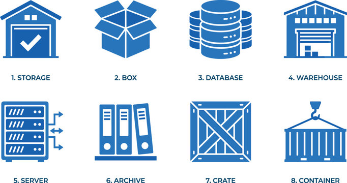 Storage box database warehouse server archive crate and container numbered icon set for logistic business.