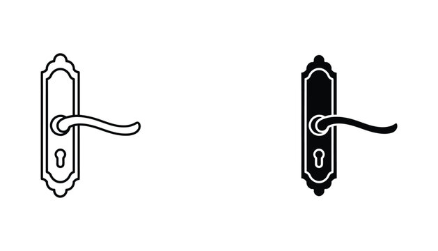 Ornate antique door handle with backplate in linear and solid black silhouette icon set for architectural hardware and interior design isolated on white background