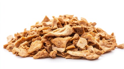 Fototapeta premium A pile of dried chicken pieces rests against a clean white background, inviting creativity in dishes. Their rich textures promise savory flavors and delicious cooking adventures