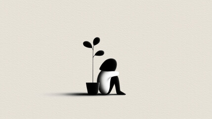 Obraz premium Person Sitting on Floor Hugging Knees While Small Houseplant Grows Toward Light - Gentle Metaphor for Healing and Emotional Recovery, Black and White Ink Illustration