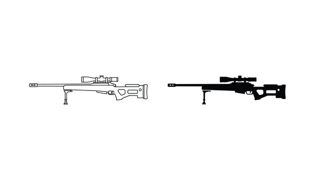 Tactical sniper rifle with scope and bipod in linear and solid black silhouette icon set isolated on white background for military and tactical gaming graphics