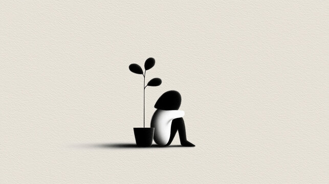 Person Sitting on Floor Hugging Knees While Small Houseplant Grows Toward Light - Gentle Metaphor for Healing and Emotional Recovery, Black and White Ink Illustration


