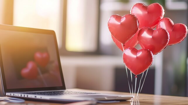 Heart-shaped balloons float cheerfully next to a laptop, creating a warm and romantic atmosphere in a cozy, sunlit room. A perfect setting for love notes and sweet surprises