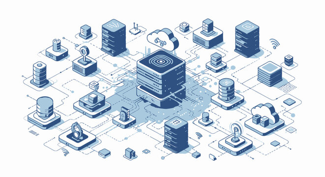 Isometric cloud computing network infrastructure with servers and data nodes