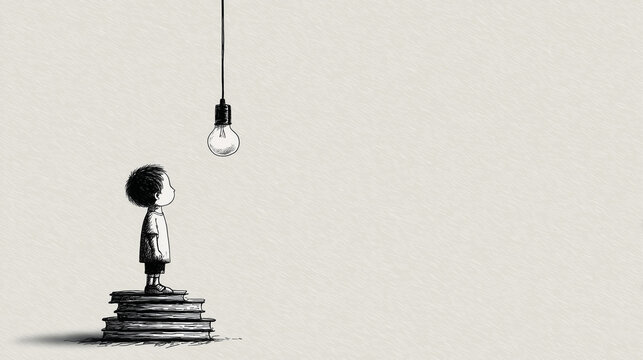 Child Standing on Stacked Books Reaching Toward Light Bulb Hanging Above - Education as Opportunity and Hope, Black and White Ink Illustration


