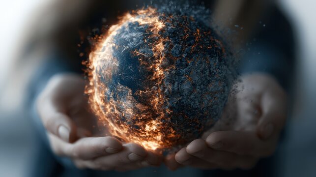 A pair of hands holding a fiery, glowing, molten planet Earth with molten lava cracking its surface.