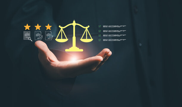 Businessman holding glowing scales of justice with star ratings and verified documents, representing high-quality legal services, law firm reputation, and expert contract review processes.