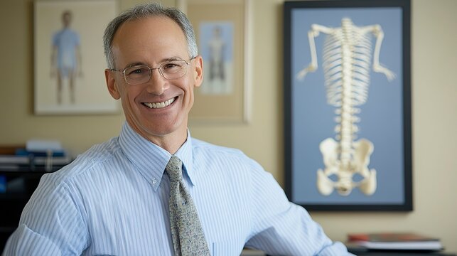 A friendly doctor sits at his desk, dressed in a light blue shirt and tie. Behind him, anatomical charts decorate the wall, creating an inviting and professional workspace filled with natural light
