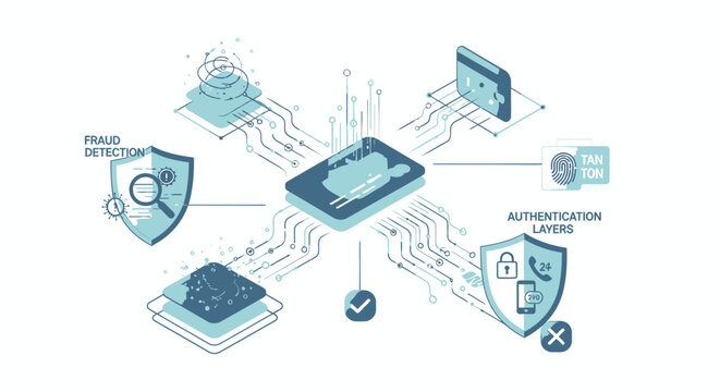 Isometric cybersecurity infographic for fraud detection and authentication