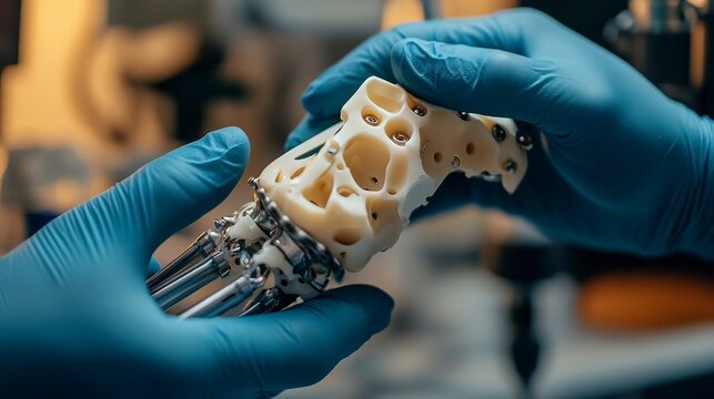 Skilled hands carefully examine a detailed robotic hand model filled with complex structures. Soft light highlights the innovation in a modern workspace focused on technology and engineering