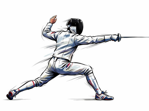 Dynamic illustration of a competitive fencer in action.