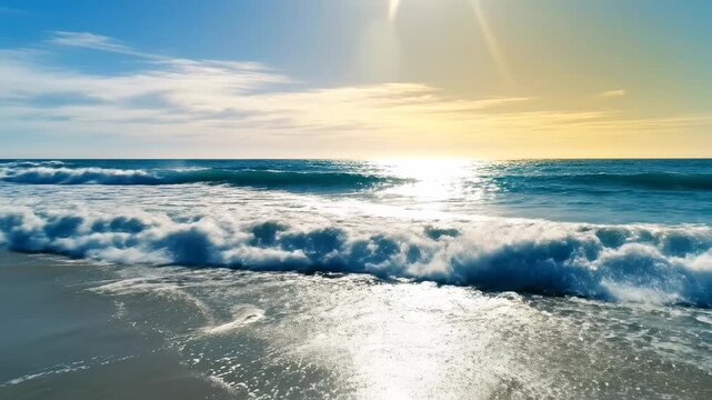 Gentle ocean waves rolling onto a sandy beach at sunset with warm sun flares, creating a peaceful and serene coastal atmosphere, perfect for relaxation and travel themes.