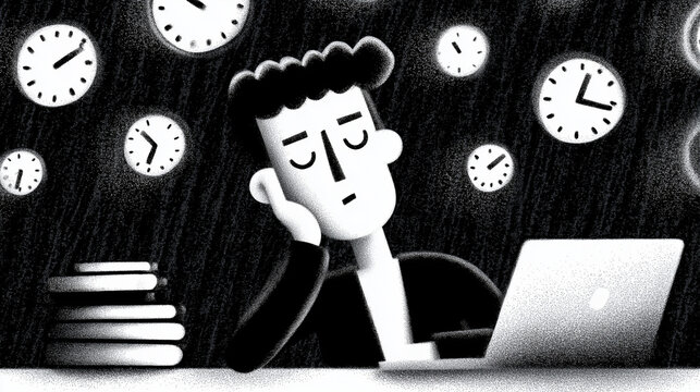 Worker Sitting at Desk with Head in Hand Surrounded by Floating Clocks and Notification Icons - Quiet Burnout and Modern Pressure, Black and White Ink Illustration

