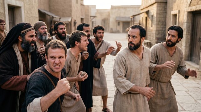Angry crowd of men confronting a man in the ancient city street. Biblical scene depicting persecution of an apostle and Barnabas in Iconium as described in the Acts of the Apostles.