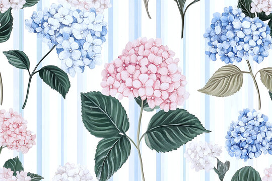 Pattern with hydrangea flowers on soft striped background. Delicate botanical illustration with blue and white hydrangea blooms and green leaves. Elegant floral design perfect for textiles, wallpaper