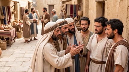 Obraz premium Group of ancient men debating on dusty street in city of Iconium. Biblical scene from Acts of Apostles depicting conflict between Jews and followers of Peter and Barnabas. Historical drama.