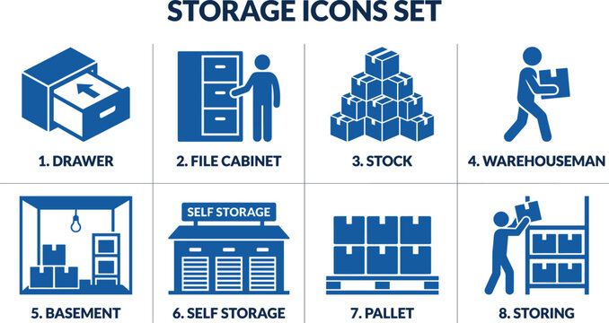 Storage icons set including drawer file cabinet stock warehouseman basement self storage pallet and storing symbols.