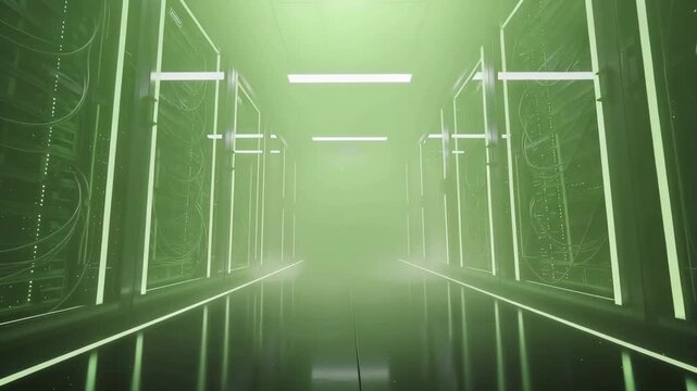 Futuristic server room with glowing green neon lights and sleek reflective glass panels for technology innovation