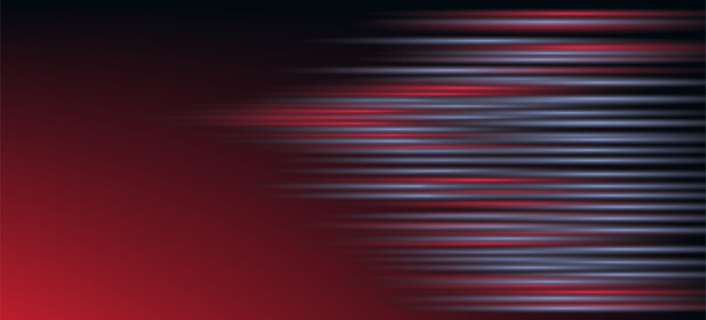 Blue and red high-speed background. Movement light trails effect on black abstract background. Wide technology banner with glowing blue and red light motion effect. Vector illustration