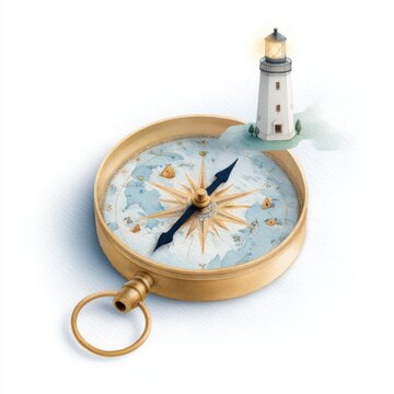 Close up artistic watercolor illustration of a vintage brass compass, the needle pointing towards a tiny glowing world map with a lighthouse, misty blue