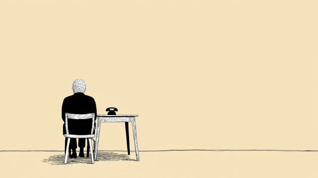 Elderly Person Sitting Quietly at Kitchen Table Looking at Silent Telephone - Soft Loneliness and Social Distance, Black and White Ink Illustration

