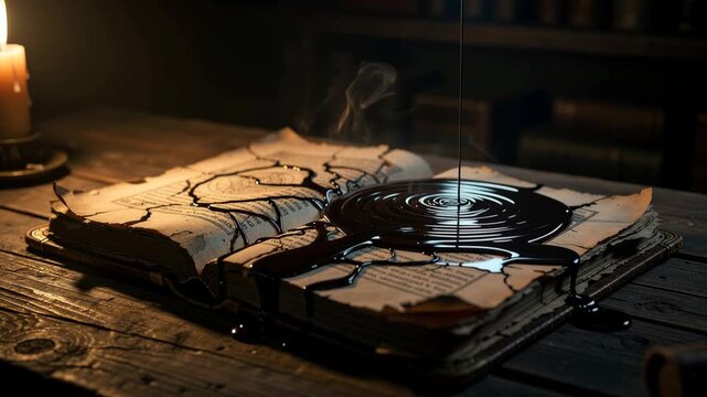 Mysterious ancient book with flowing ink and soft dancing shadows creating enchanting magical atmosphere