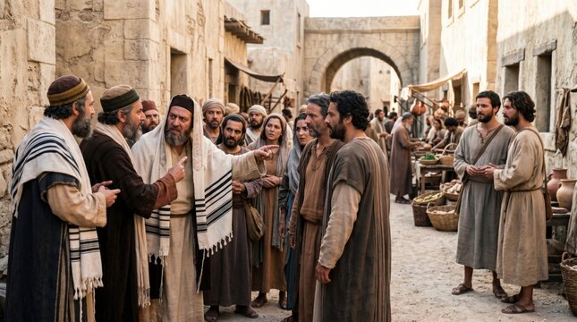 Group of middle eastern men and woman in ancient clothing gather in city street to discuss religion. Apostles Peter and Barnabas facing angry crowd in historical drama biblical scene.