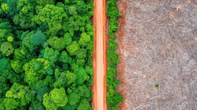 Drone shot of a sharp geometric line between a lush green rainforest and a barren brown deforested area, fresh tree stumps, red soil, high contrast between