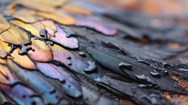 Extreme macro of bird feathers matted with thick, viscous black oil, iridescent toxic sheen, soft dramatic lighting, environmental disaster aftermath
