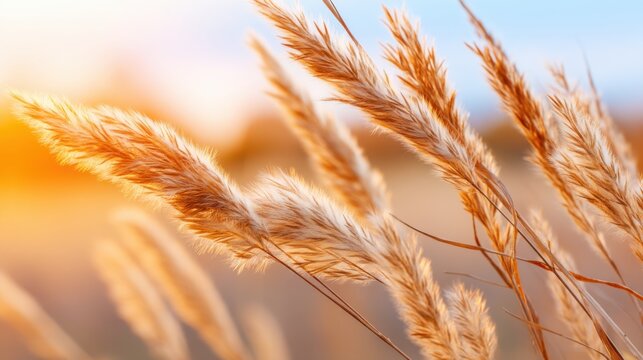 Extreme macro of golden feather grass at sunset, backlit by warm sun, glowing soft fibers, hazy bokeh background, dreamy and nostalgic atmosphere