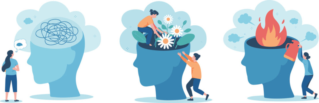 Mental health concept illustration showing human heads with tangled thoughts emotional burnout fire and positive growth with flowers