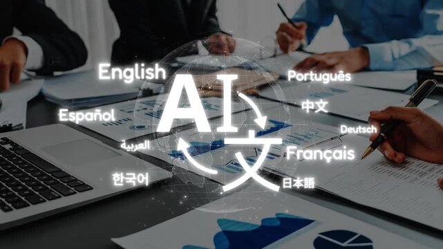 A dynamic scene showcasing a team collaborating on AI language translation. The image features hands engaging over charts and diverse languages, symbolizing global communication. Raster