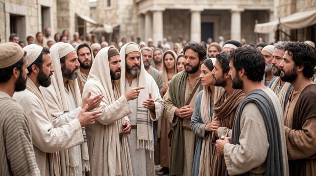 Group of ancient men and woman debating in city square. Biblical scene of apostle conflict and historical religious dispute. Historical reenactment of scripture passage in town setting.