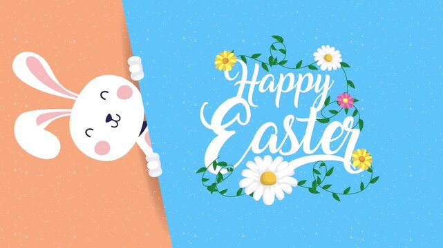 Cute cartoon bunny peeking from behind a colorful background with happy easter text and flowers animation.