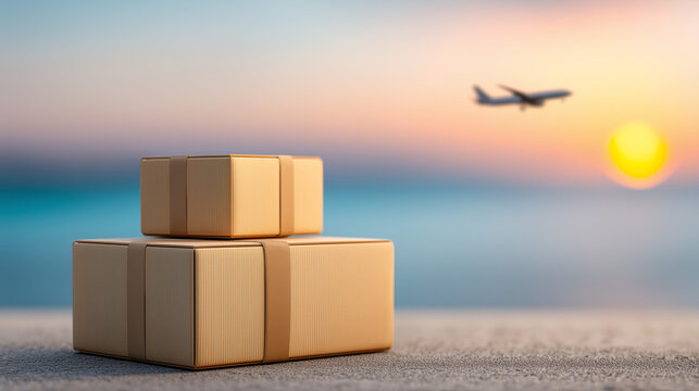 Two Cardboard Boxes with Brown Packing Tape on Concrete Surface and Cargo Airplane Climbing into Sky at Cold Dawn - Minimal Composition with Large Copy Space

