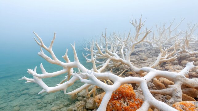 Haunting underwater view of a bleached coral reef, bone white coral skeletons, murky grey water, absence of life, ocean acidification concept, eerie