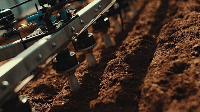 Modern farming equipment efficiently planting seeds in prepared soil rows, highlighting advanced agricultural technology and sustainable crop growth for future food production