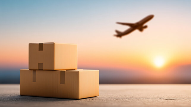 Two Cardboard Boxes with Brown Packing Tape on Concrete Surface and Cargo Airplane Climbing into Sky at Cold Dawn - Minimal Composition with Large Copy Space

