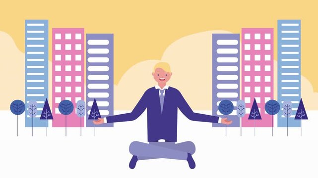 Businessman practicing yoga in city park environment with office buildings and trees background.